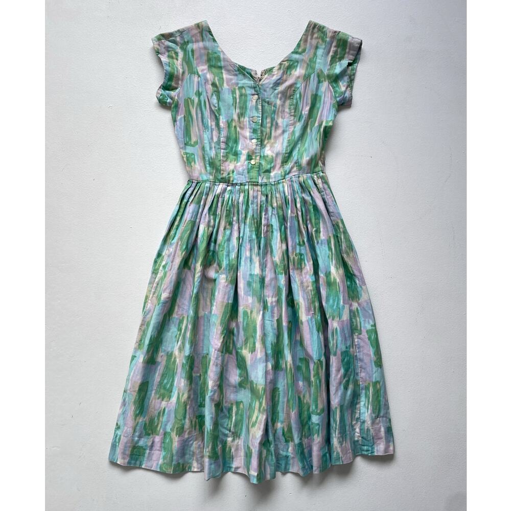 Vtg 50s 60s Green Blue Watercolor Button Up Dress / Sz XS/S / Retro Pin Up Mod